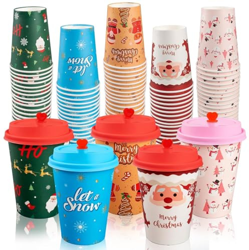 CUPLOOV Weihnachts-Kaffeetassen mit 50 Deckeln, 340 ml, für heiße Schokolade, Einweg-Pappbecher für heiße und kalte Getränke, Weihnachten, Urlaub, Winter, Partyzubehör, 100 Stück