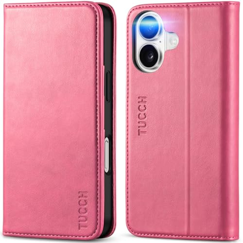 TUCCH Flip Case with 3 Card Slots for iPhone 16 (6.1), Hot Pink
