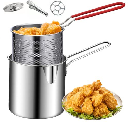 Mini Deep Fryer with Anti-scalding Handle and Basket - Stainless Steel Pan for Tempura Chips, Fries, Fish and Chicken
