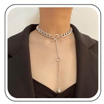 Yheakne Punk Long Chain Y Drop Necklace Silver Cuban Link Chain Necklace Choker Round Ball Y Lariat Necklace Chunky Toggle Choker Necklace Jewelry for Women