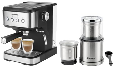GEEPAS 1100W Espresso & Cappuccino Coffee Machine & 200W Coffee Grinder Combo Set | Milk Frother, 1.5L Water Tank | Electric Wet & Dry Food Processor Mill for Spice Nuts Chutney, 75g Detachable Bowl