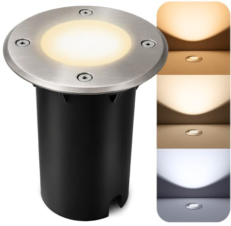 SSC-LUXon KALPA Bodeneinbaustrahler silber rund GU10 5W 3 Lichtfarben IP67 | Befahrbarer Erdstrahler bis 2000kg - warm / neutral / kalt, reihenschaltbar für Wege, Terrasse & Beete, IP67, inkl. GU10 LED