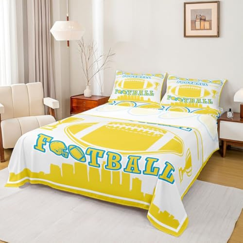 Erosebridal Football Bed Sheets Full Size,Yellow White Sports Sheets for Kids Boys Teen Men,Football Field Bedding Set,Retro Rugby Flat Fitted Sheet,Soft Cozy(Yellow)