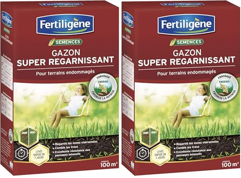 FERTILIGENE REGAR100 - Semences Gazon Super Regarnissant 2 kg - Premières pousses en 1 semaine - Regarnit les zones abîmées et comble les trous - Excellence résistance aux piétinements - Pour 100 m²
