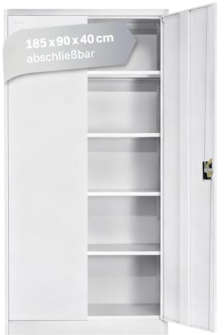 LagerZwei Mehrzweckschrank 185x90x40cm I Metallschrank, 4 Fachböden I Aktenschrank weiß, abschließbar I Robuster Allzweckschrank als Werkstattschrank & Büroschrank I Stahlschrank