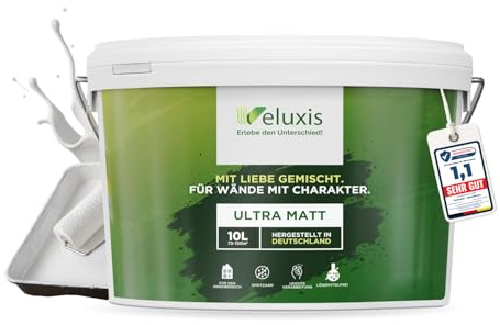 Veluxis Wandfarbe Weiß matt 10 L – Pure White | Innenfarbe mit Deckkraft Klasse 1, VOC-frei, ohne Grundierung, tropfarm, für Wohnzimmer und Schlafzimmer