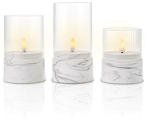 Fanna 3 flamlösa LED-ljus med timerfunktion i marmorstruktur, batteridrivna glasljus för heminredning och bordsuppsatser, grå och vit design – H 10 cm/5 tum / 6 tum