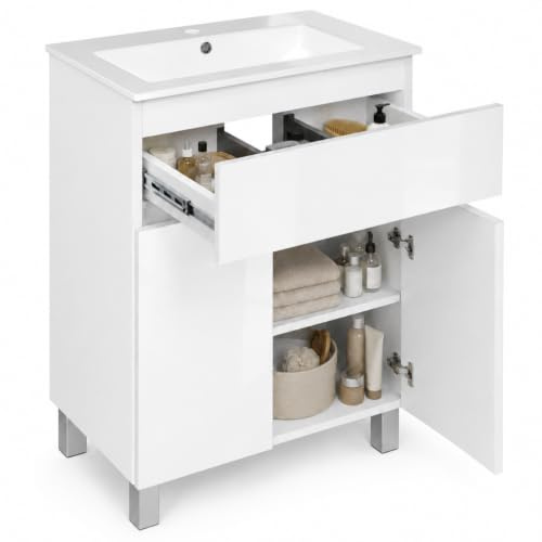 Badmöbel Waschbeckenunterschrank 60 cm Keramikwaschbecken Badschrank Weiß | Hochglanz Front, Hängend oder Stehend, Waschtisch für Badezimmer