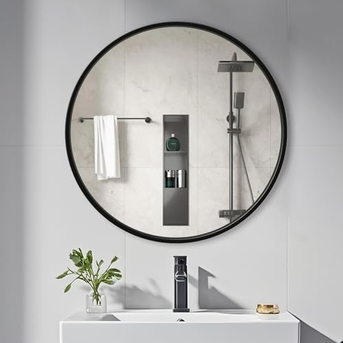 yuzeyurun Round Bathroom Mirror, 40CM×40CM Circle Black Metal Frame, HD Glass Circle Wall Mirror for Bathroom Vanity, Entryway, Living Room, Home Decorr