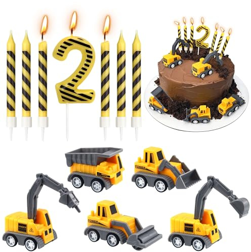 Construction Birthday Candles 12 Pcs Construction Vehicles Cake Toppers Set | Number 2 Candle and Black Stripes Candles Cake Topper for Birthday Anniversary Party Cake Decorations
