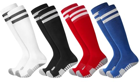 Zuimei 4 Pairs Kids Football Socks Boys, Anti Slip Football Socks Black Breathable Athletic Soccer Sock Training Running Sports Sock for Aged 5-7, Black White Red and Blue