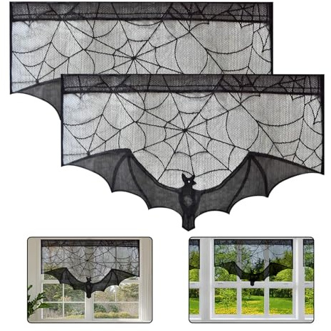 Halloween Spitze Fledermaus Fenstervorhang,2 Stück Spitze Halloween Deko Vorhang,Halloween Türvorhang Quaste Türvorhang für Wohnzimmer Schlafzimmer Wand Fenster Kamin Abdeckung Gruselig Party Deko