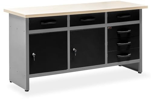 METALLMOBELL - Banco da Lavoro Officina, 160x60x84cm, con Cassetti e Armadietto | Tavolo da Lavoro Garage, Banchetto da Lavoro, Banco da Falegname, Banco da Lavoro Garage, Banco Lavoro MB010G