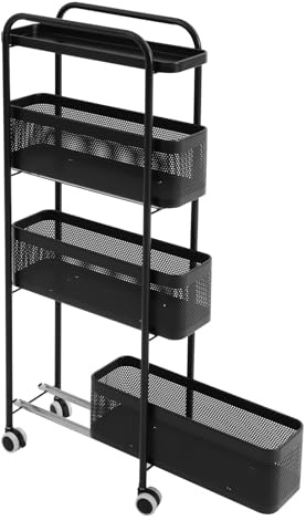 KAPIPALA Schmaler 4-stöckiger Küchenwagen mit Rollen & ausziehbaren Körben – 15 cm schmales Rollregal für Küche, Bad, Wohnzimmer – Kohlenstoffstahl, belüftete Netzkörbe, Schwarz (40x15x89,5 cm)