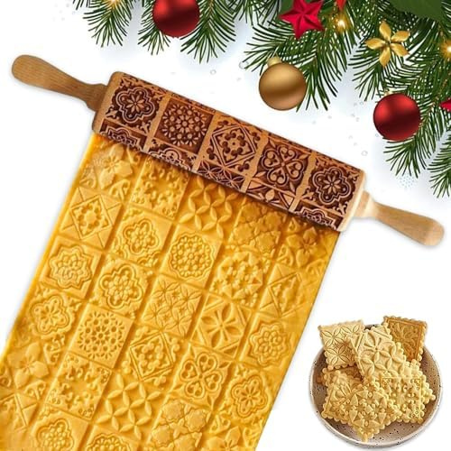 Aoreun Weihnachten Geprägt Teigroller，Weihnachts-Nudelholz aus Holz mit Weihnachten Schneeflocke，3D Nudelholz Muster Prägerolle zum Backen von geprägten Keksen nach dem Zufallsprinzip