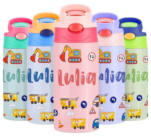 VEELU Personalisierte Trinkflasche für Kinder - Trinkflasche Kinder Edelstahl mit Namen 100% BPA Frei - Flasche Personalisiert mit Strohhalm für Schule & Kindergarten, Sport - Mehrfarbige 350ml