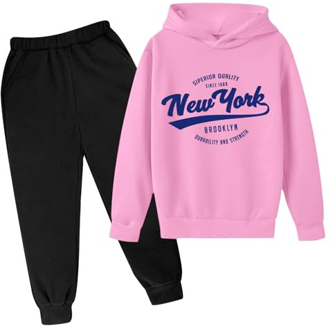 Ensemble sweat à capuche 2 pièces pour filles avec pantalon de survêtement à capuche pour enfants, tenue graphique de New York, survêtement, pantalon de survêtement décontracté 2025, rose, 9-10 ans