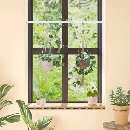 Bamworld Window Plant Hanger Indoor Adjustable Hanging Planters | Spring Tension Rods 27''-51'' No Drilling Expandable Hanging Plant Holder for Hanging Basket for Balcony Decor (White)