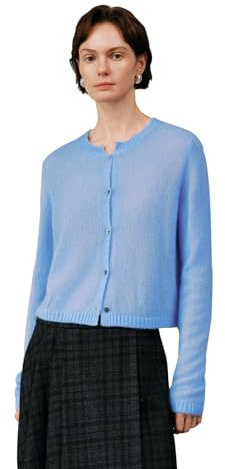 Women’s Round Neck Silk-Cashmere Blend Cardigan, Lightweight Soft Knit Button Front Sweater, Elegant Everyday Layer for Spring & Fall Sky-Blue