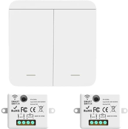 Interruptor de luz inalámbrico 230 V 10 A Set sin conexión de corriente – Interruptor inalámbrico autogenerador con 2 receptores, alcance de 50 m para control de luz en baño, dormitorio, exterior