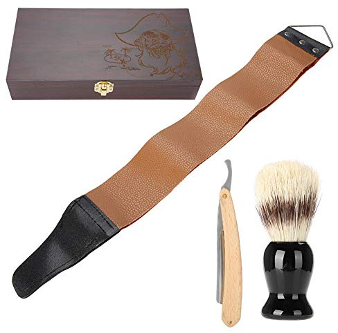 Dioche Kit de Afeitadora de 3 Uds, Cepillo de Barba Manual, Caja de Madera con Correa de Afeitar, Juego de Regalo con Correa de Cuero, para el Cuidado Diario del Vello Facial