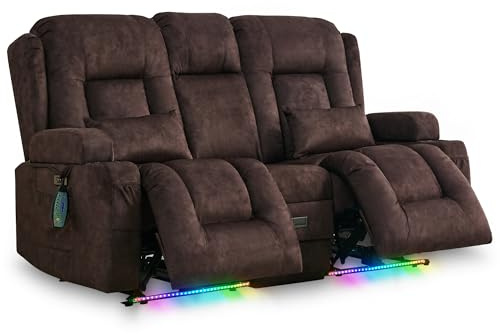 SnyFivv Elektrisch Relaxsessel mit Liegefunktion, Zweisitzer Fernsehsessel mit Konsole TV Sessel Heimkino mit Heizung & Vibrierende Massage/USB&Type C/Getränkehalter (Dunkelbraun)