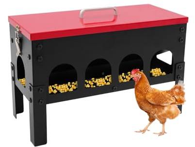 Futterautomat Hühner, 10L Eisen Automatischer Hühnerfutterautomat Hühnertränke mit 10 Fresstellen und Deckel, Großes Hühnerzubehör Futterspender für Geflügel Hühnern Enten Gänsen (Rot, Schwarz)
