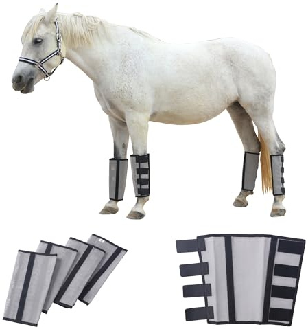 Gallopoff Lot de 4 Guêtres Anti-Mouches Chevaux, Coupe Ample, Gris S | Éviter de Taper du Pied, Légères, Maille Respirante, Fixation par velcro, antidérapant, Pour Paturage, écurie