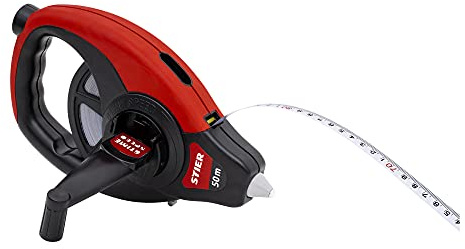 STIER Stahlbandmaß 50 m, in hochfestem Kunststoffgehäuse, mit mm und cm Teilung, Großer Kurbelarm, Ergonomische Grifffläche, Für Handwerk Industrie und Baugewerbe