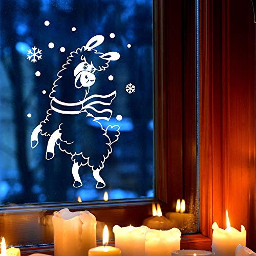 Fensterbild Alpaka Lama im Schnee Schneeflocken Punkte Winterlandschaft Fensterdeko Kinderzimmer M-2404 - ausgewählte Größe: *M - 17cm breit x 30cm hoch*