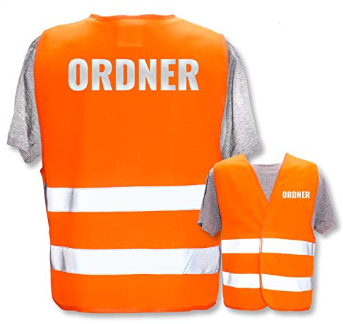 Bedruckte Warnwesten mit ISO-Leuchtstreifen * Standard- oder Reflex-Druck * Thema Sicherheit & Team, Warnweste Begriffe Security:Ordner (Reflektierend), Farbe + Größe:Orange (XL/XXL)