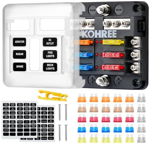 Kohree 6 Way Fuse Box 12v Blade Fuse Block with LED Indicator, 6 Circuits Box Holder with W/Negative Bus for Automotive Car Boat Marine SUV RV Van