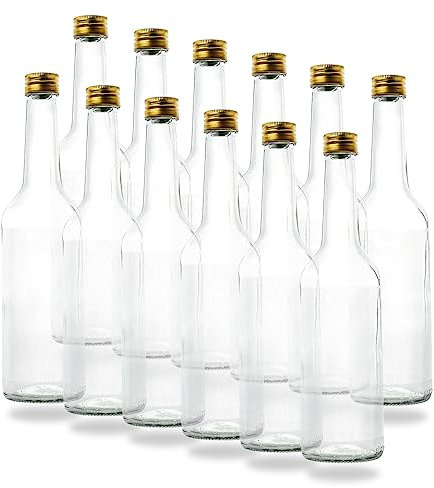BAUER 24 Kleine Glasflaschen 500ml (0,5l) mit PP28 Schraubverschluss Gold – Leere, kleine Flaschen zum Befüllen, z.B. Leere Weinflaschen, kleine Schnapsflaschen, Likörflaschen 500 ml