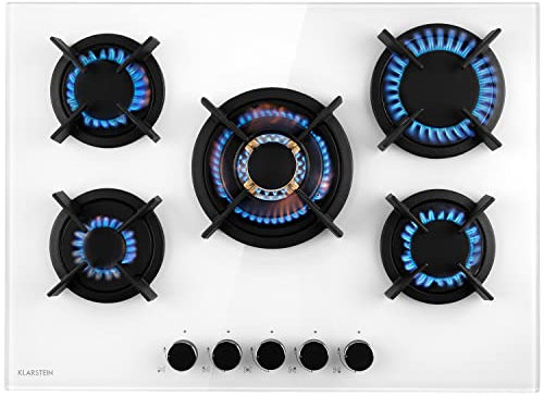 Klarstein Gasherd, Gaskochfeld 5 Flammen, Einbau-Gaskocher für Zuhause & Wohnmobil, Campingkocher mit Glasplatte, Gasherd für Propan- und Erdgas, Edelstahl Gas-Herdplatte Wok Brenner 10400 Watt