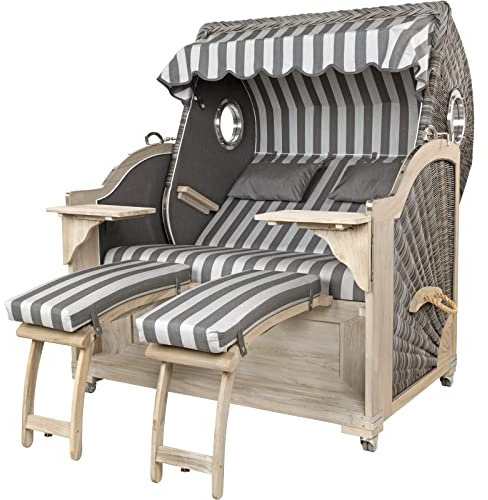 Strandkorbprofis Strandkorb Kampen Teak Vintage Bullauge, Geflecht Old-Teak, Stoff Cádiz anthrazit-Silber