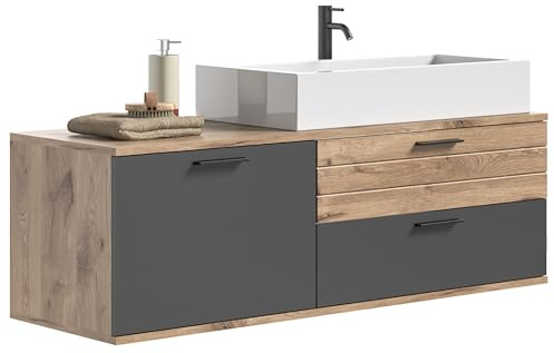 xonox.home - Waschtisch Mason 136x47x48 cm in Front Basalt grau Nb Korpus Nox Oak Nb inkl. Waschbecken - Waschbeckenunterschrank Waschtischunterschrank hängend - modern und funktional