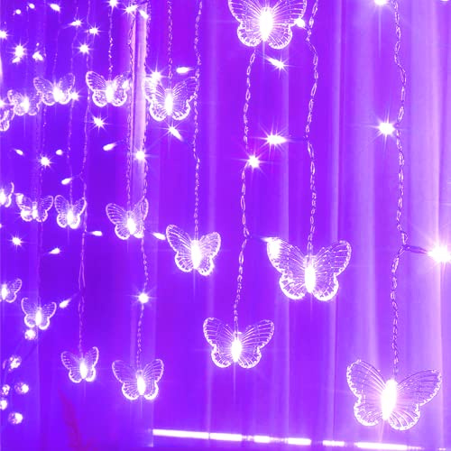 Butterfly Curtain Fairy Lights USB Plug in,8 Modes 120 LED 20FT Firefly Twinkle Timer String Lights with Remote, Waterproof Copper Wire for Bedroom Valentine's Day Wedding Party(Purple)