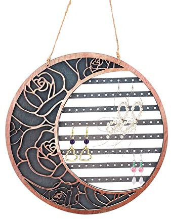 NICENEEDED Organisateur de Bijoux à Suspendre, Présentoir de Boucles d'oreilles de Conception de Modèle de Fleur de Forme de Lune, Support de Rangement Mural en Bois pour Bijoux pour Femmes Filles