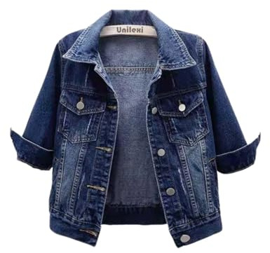 Unilexi Women's 3/4 Sleeve Colored Cropped Denim Jacket Light Wash Short Jean Jacket Trucker Coat(0096-DarkBlue-XL)