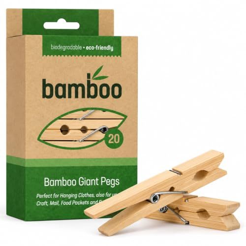 20 Pack Bamboo Giant Pegs/Perfect for Laundry,Fits Any Clothesline Clips
