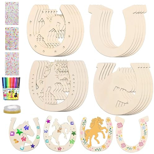 Mecctuck Hufeisen Holz 41 Stück Bastelset Kinder - Deko Kindergeburtstag, Hufeisen Bastelset mit Diamant Abziehbilder Aquarellstift Glitzerband, Holz Bastelsets für DIY Geschenk