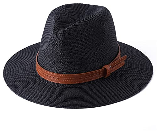 MCHDMI SYT-MD Strohhut Damen, Strandhut mit breiter Krempe, UV-Schutz, große Größe, Panama-Sonnenhut, Sommer-Strohhut, Damen, Herren, 60 cm, Faltbarer Fedora-Hut (Color : Black, Size : XL 60cm)