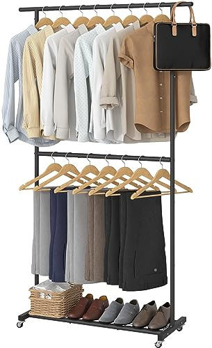 Sywhitta Double Rod Clothing Garment Rack, Rolling Coat Hanger with Bottom Mesh, Clothing Rack for Hanging Clothes, Coats, Skirts, Sweaters, Black