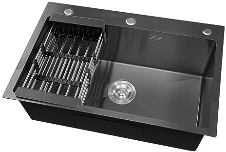 Fanmuran Évier de cuisine en acier inoxydable 304, 55 x 45 cm, noir, sous plan, 1 cuve, 3 trous