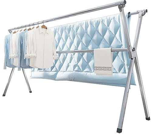 Vikaqi Wäscheständer, 160 cm, zusammenklappbar, für drinnen und draußen, Wäscheständer für Kleidung, faltbar, tragbar, strapazierfähig, mit 20 Haken, 12 Clips