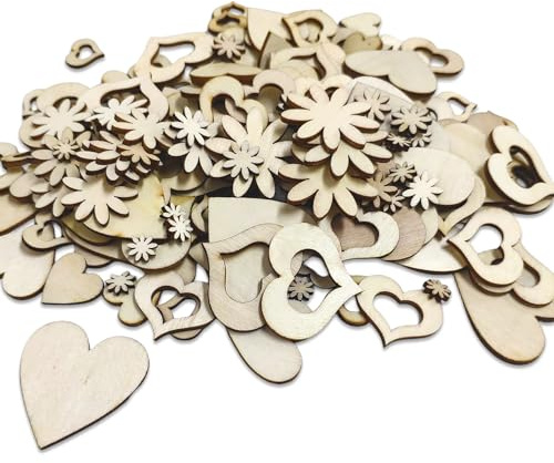 500 Stück herzförmige Holzspäne-Dekorationen, 50 Stück Blumen-Holzspäne, dekorativer Holzaufnäher, handgefertigtes Kunsthandwerk, geeignet für Weihnachten, Hochzeit, Geburtstag