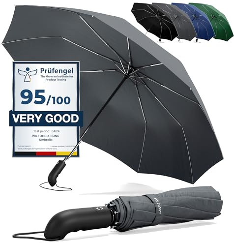 Paraply fickparaply stormsäkert + automatiskt & paraplyväska, svart | män kvinnor reseparaply – kompakt stabil, teflon vind- och regn – tät | fickparaply golfparaply paraply, GRÅ, extra breit,