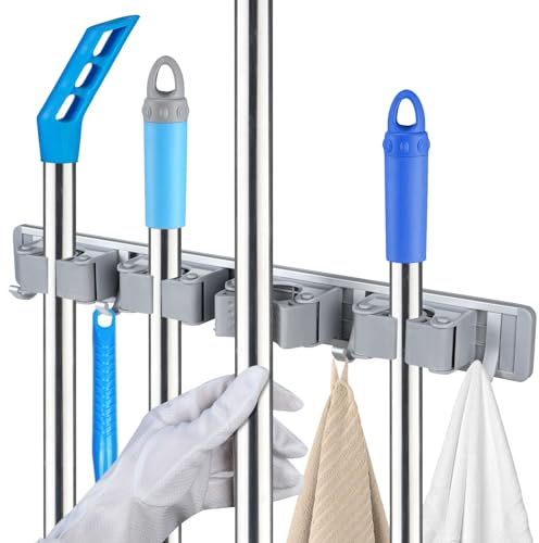 Vicloon Besenhalterung Wand, 4 Halter + 5 Haken Gerätehalter, Besen Mop Halter Wandhalterung, Gartengerätehalter, Dicker Langlebiger Mopp Wandhalterung für Zuhause, Küche, Garage, Garten