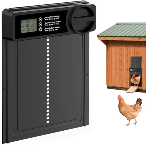 Budsom Puerta automática de gallinero – Abridor automático de Aluminio con Sensor antipellizcos, Puerta de Pollo alimentada por Pilas con Temporizador Inteligente y Pantalla LCD, Impermeable