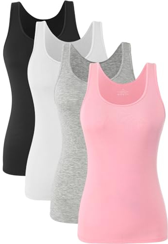 Knuffnee Damen Stretch Unterhemd Basic Tank Tops Workout Unterhemden Tops 4er Pack Schwarz/Weiß/Grau/Rosa XL